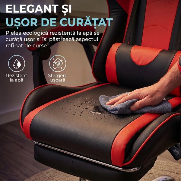 HOMCOM Scaun Gaming Ergonomic cu Masaj, Suport Lombar Reglabil, Piele Ecologică, Suport pentru Picioare, Roșu | Aosom Romania