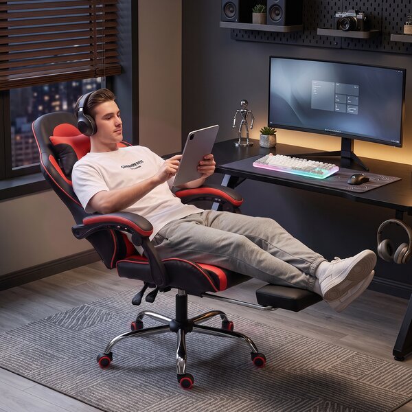 HOMCOM Scaun Gaming Ergonomic cu Masaj, Suport Lombar Reglabil, Piele Ecologică, Suport pentru Picioare, Roșu | Aosom Romania