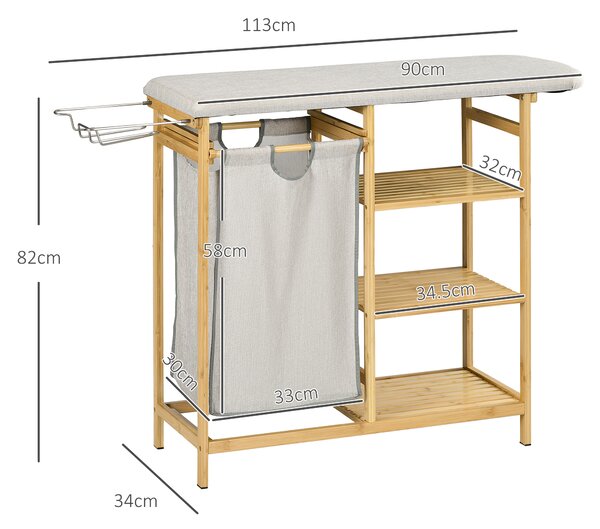 HOMCOM Coș de Rufe din Bambus cu Masă de Călcat și Suport de Călcat, Coș de Rufe cu Raft cu 3 Niveluri, 113x34x82 cm, Gri
