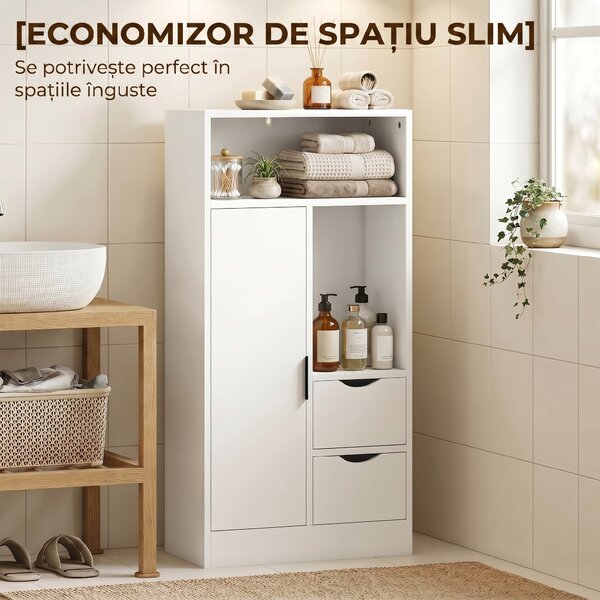 HOMCOM Dulap Baie Îngust cu 2 Sertare și Rafturi Reglabile pentru Bucătărie, Living, Hol, Alb | Aosom Romania