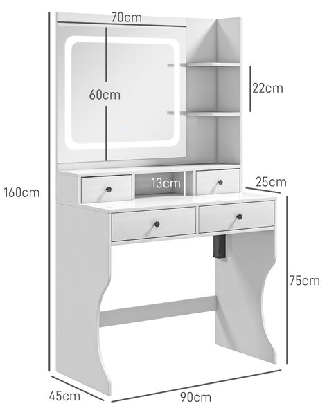 HOMCOM Masă de Toaletă cu Oglindă Iluminată LED, Masă de Machiaj cu Stație de Încărcare, 4 sertare și rafturi de depozitare, 90x45x160 cm, Alb