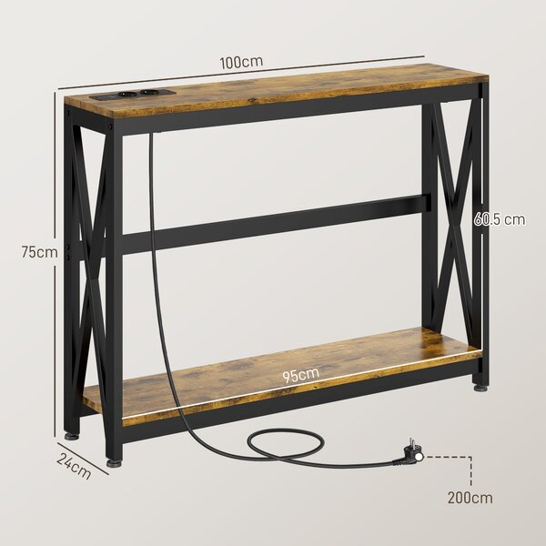 HOMCOM Masă Subțire de Consolă, Masă Industrială cu Două Nivele, Masă de Canapea Îngustă cu Cadru X din Oțel, 100x24x75 cm, Maro