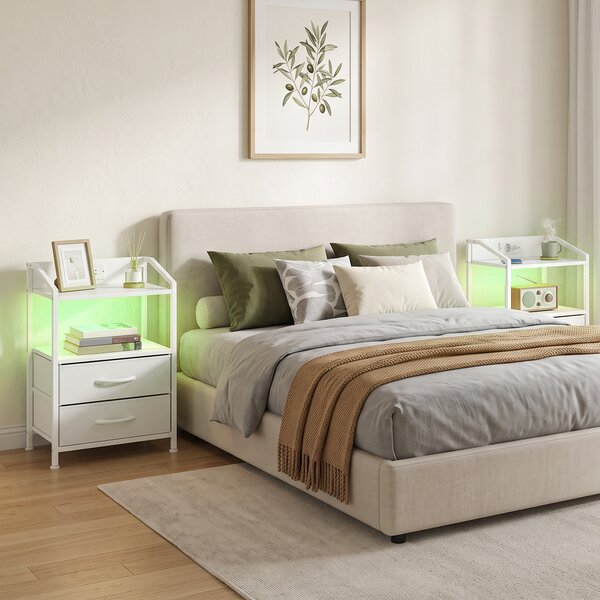 HOMCOM Set de 2 Noptiere Con Lumini Led E Stație de Încărcare, Alb | Aosom Romania