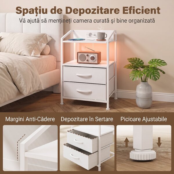 HOMCOM Set de 2 Noptiere Con Lumini Led E Stație de Încărcare, Alb | Aosom Romania