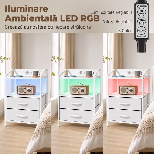 HOMCOM Set de 2 Noptiere Con Lumini Led E Stație de Încărcare, Alb | Aosom Romania