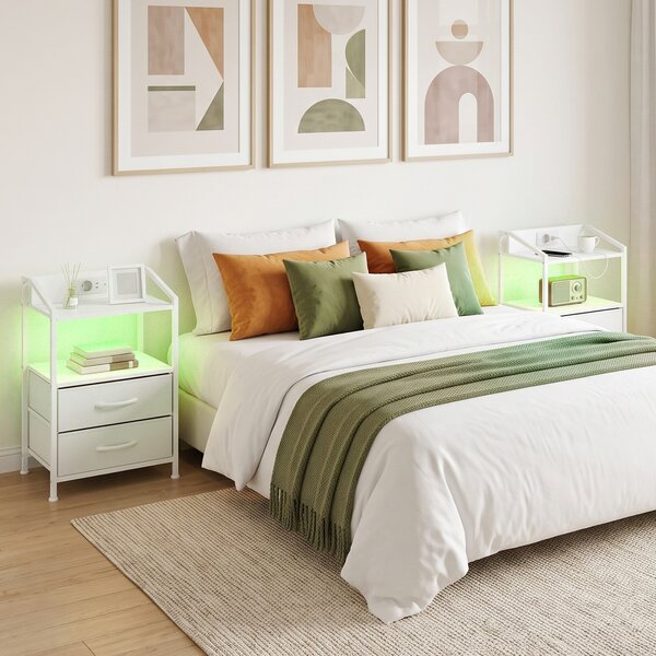 HOMCOM Set de 2 Noptiere Con Lumini Led E Stație de Încărcare, Alb | Aosom Romania
