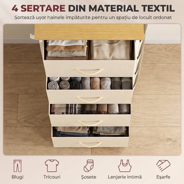 HOMCOM Comodă înaltă cu 4 sertare din material textil, bej | Aosom Romania