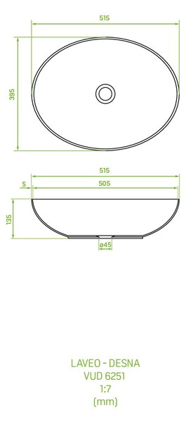 Laveo Desna lavoar 51x39 cm ovale de blat alb luciu VUD6251
