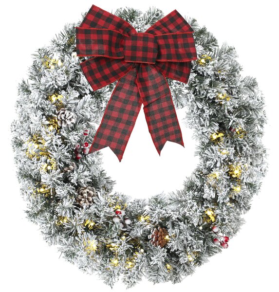 HOMCOM Coroniță de Crăciun 60 cm cu Lumini LED, Fundă în Carouri, Conuri de Pin și Bobițe, Verde | Aosom Romania