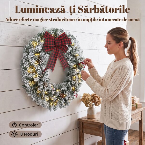 HOMCOM Coroniță de Crăciun 60 cm cu Lumini LED, Fundă în Carouri, Conuri de Pin și Bobițe, Verde | Aosom Romania