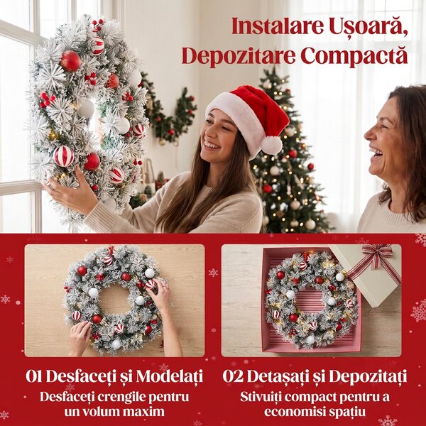 HOMCOM Coroniță de Crăciun Înzăpezită, 60 cm, cu Lumini LED, 8 Moduri, 140 Ramuri, 8 Fructe Roșii și 15 Globuri Decorative, Verde | Aosom Romania