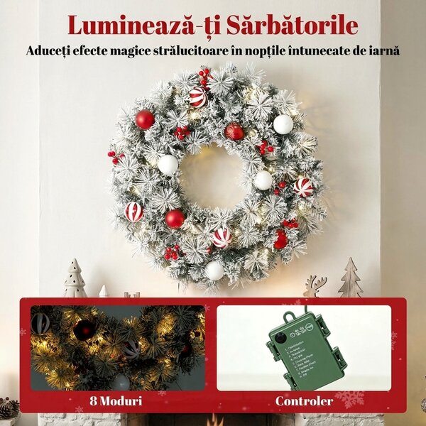 HOMCOM Coroniță de Crăciun Înzăpezită, 60 cm, cu Lumini LED, 8 Moduri, 140 Ramuri, 8 Fructe Roșii și 15 Globuri Decorative, Verde | Aosom Romania