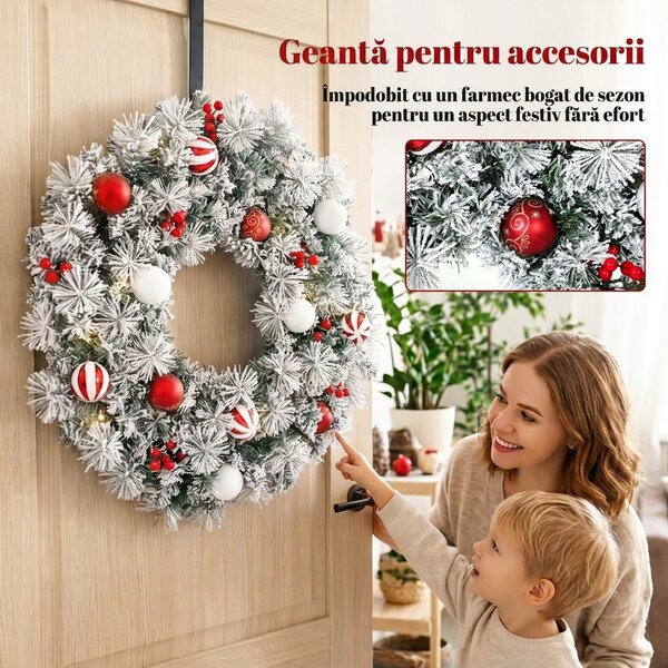 HOMCOM Coroniță de Crăciun Înzăpezită, 60 cm, cu Lumini LED, 8 Moduri, 140 Ramuri, 8 Fructe Roșii și 15 Globuri Decorative, Verde | Aosom Romania