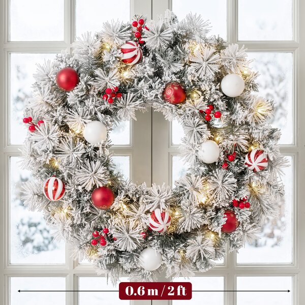 HOMCOM Coroniță de Crăciun Înzăpezită, 60 cm, cu Lumini LED, 8 Moduri, 140 Ramuri, 8 Fructe Roșii și 15 Globuri Decorative, Verde | Aosom Romania