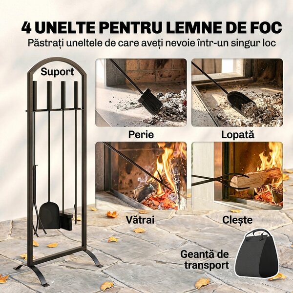 Outsunny Set pentru Șemineu din Metal, 6 Piese, cu Geantă, Perie, Lopățică, Vătrai, Clește și Suport, Negru | Aosom Romania