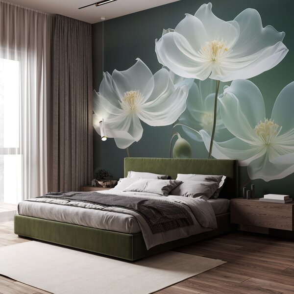 Tapet Flori albe delicate cu petale translucide, Fototapet 3D, Fototapet 3D Flori, w03647 : Uwalls.ro