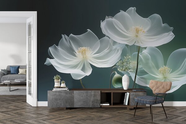 Tapet Flori albe delicate cu petale translucide, Fototapet 3D, Fototapet 3D Flori, w03647 : Uwalls.ro