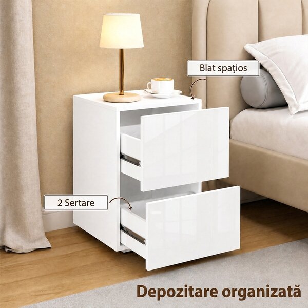 HOMCOM Set de 2 Noptiere cu 2 Sertare, Alb | Aosom Romania