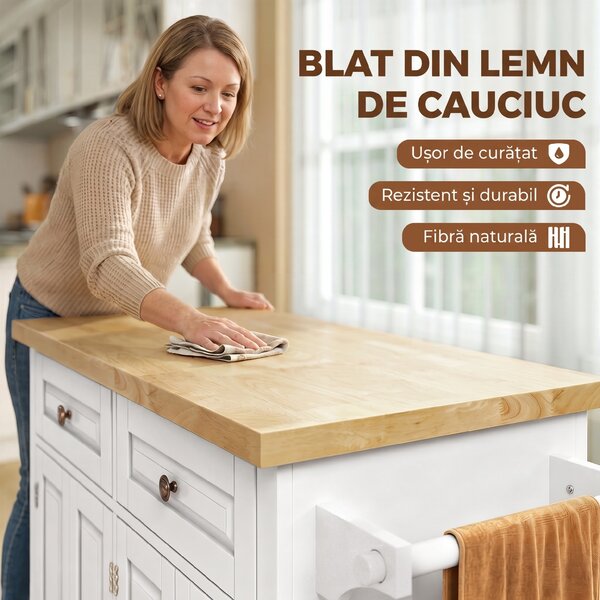 HOMCOM Insulă de bucătărie cu roți și sertare, 111 x 44,5 x 82,5 cm, alb | Aosom Romania