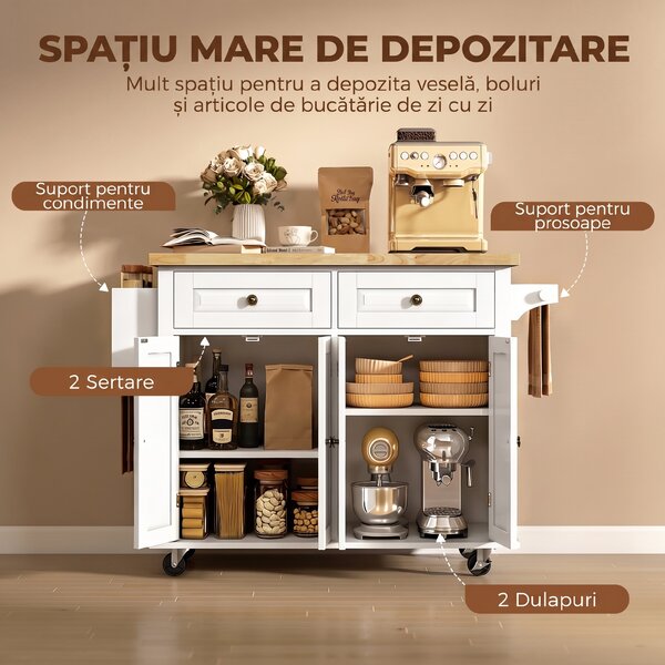HOMCOM Insulă de bucătărie cu roți și sertare, 111 x 44,5 x 82,5 cm, alb | Aosom Romania