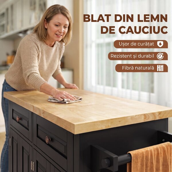 HOMCOM insulă de bucătărie cu roți și sertare, 111 x 44,5 x 82,5 cm, negru | Aosom Romania