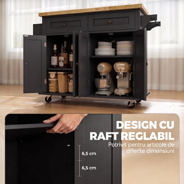HOMCOM insulă de bucătărie cu roți și sertare, 111 x 44,5 x 82,5 cm, negru | Aosom Romania