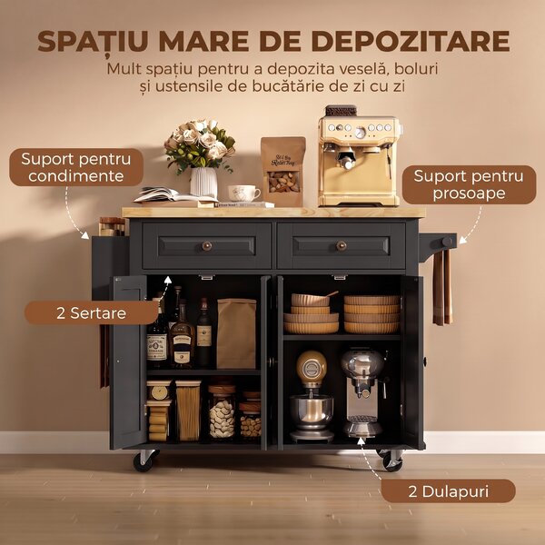 HOMCOM insulă de bucătărie cu roți și sertare, 111 x 44,5 x 82,5 cm, negru | Aosom Romania
