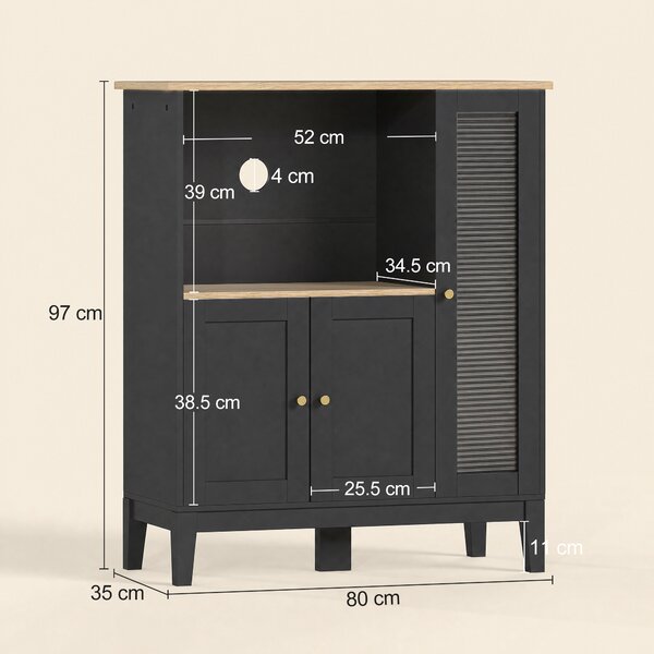 HOMCOM Dulap pentru Cuptor cu Microunde cu Dulap Inferior și 3 Rafturi Laterale cu Ușă din Sticlă, din Lemn, 80x35x97 cm, Negru | Aosom Romania