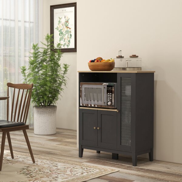 HOMCOM Dulap pentru Cuptor cu Microunde cu Dulap Inferior și 3 Rafturi Laterale cu Ușă din Sticlă, din Lemn, 80x35x97 cm, Negru | Aosom Romania