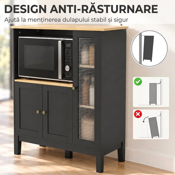 HOMCOM Dulap pentru Cuptor cu Microunde cu Dulap Inferior și 3 Rafturi Laterale cu Ușă din Sticlă, din Lemn, 80x35x97 cm, Negru | Aosom Romania