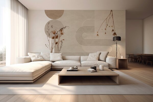 Tapet geometrie elegantă și flori uscate în tonuri de bej, Fototapet Boho, w03449 : Uwalls.ro