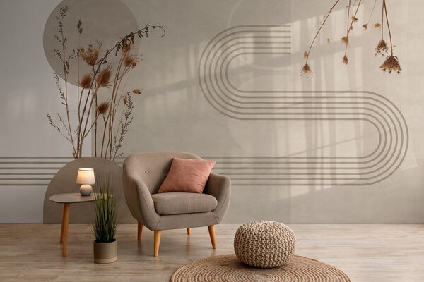 Tapet geometrie elegantă și flori uscate în tonuri de bej, Fototapet Boho, w03449 : Uwalls.ro