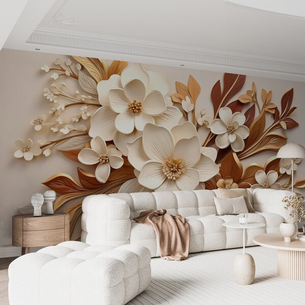 Tapet flori 3D cu frunze în stil origami în nuanțe de bej, Fototapet 3D, Fototapet 3D Flori, w08984 : Uwalls.ro