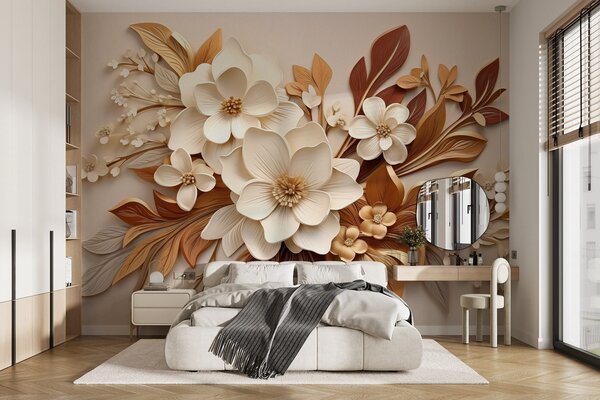 Tapet flori 3D cu frunze în stil origami în nuanțe de bej, Fototapet 3D, Fototapet 3D Flori, w08984 : Uwalls.ro