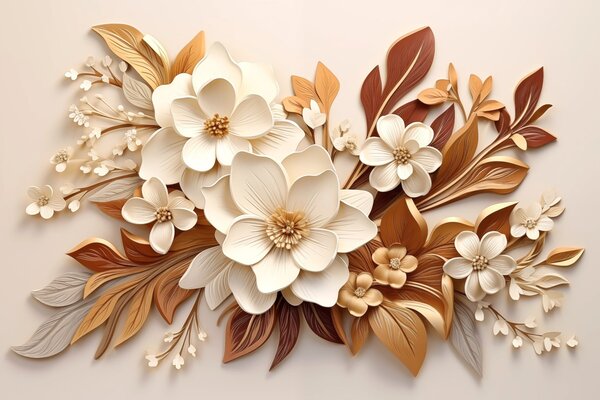 Tapet flori 3D cu frunze în stil origami în nuanțe de bej, Fototapet 3D, Fototapet 3D Flori, w08984 : Uwalls.ro