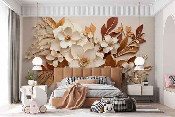 Tapet flori 3D cu frunze în stil origami în nuanțe de bej, Fototapet 3D, Fototapet 3D Flori, w08984 : Uwalls.ro