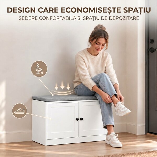 HOMCOM Bancă pentru pantofi cu pernă tapițată, 80x35,5x52,5 cm, alb | Aosom Romania
