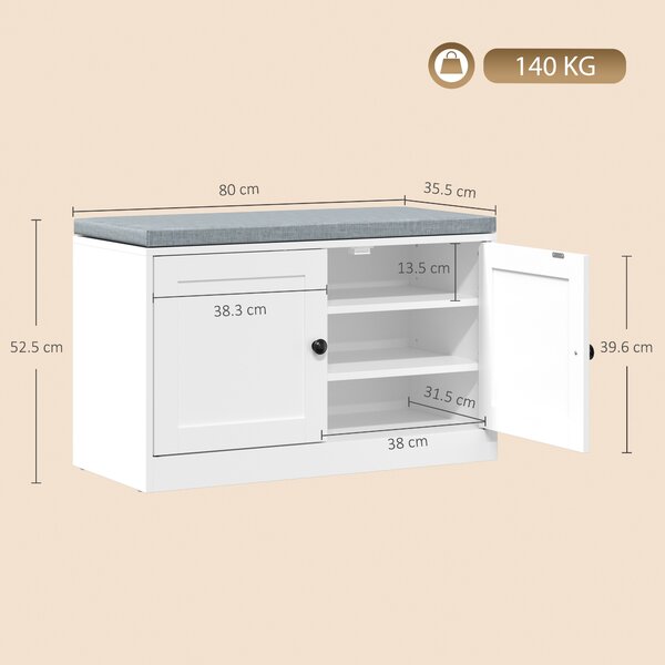 HOMCOM Bancă pentru pantofi cu pernă tapițată, 80x35,5x52,5 cm, alb | Aosom Romania