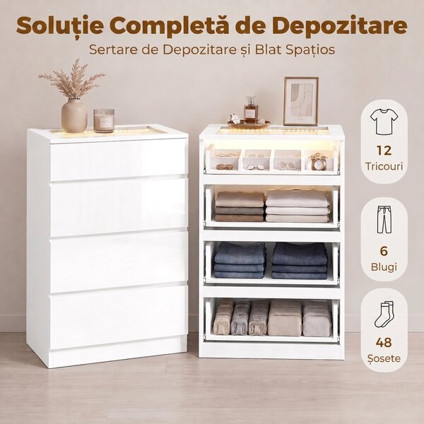 HOMCOM Comodă Modernă cu 4 Sertare și Lumini LED, 60x40x90 cm, Albă | Aosom Romania