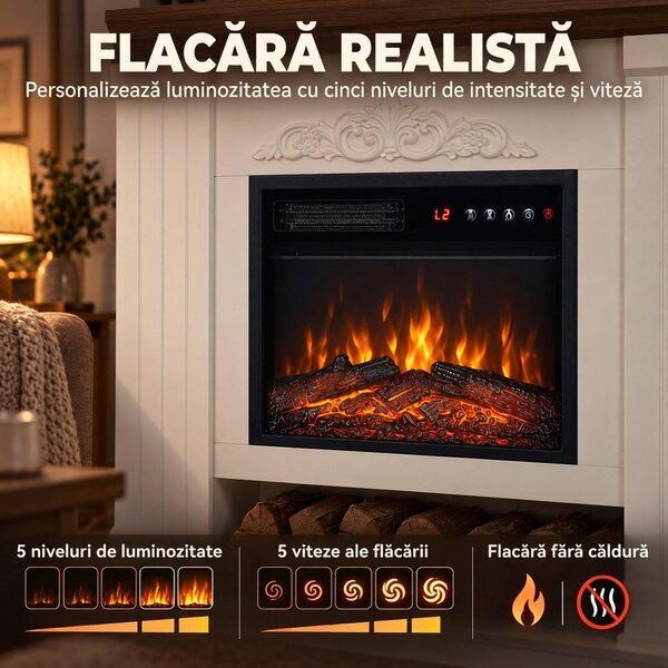 HOMCOM Șemineu Electric de Podea/Încastrabil pentru TV 54", cu Ramă și Poliță, 1800W, Flacără 3D Realistă, Funcție Memorie | Aosom Romania