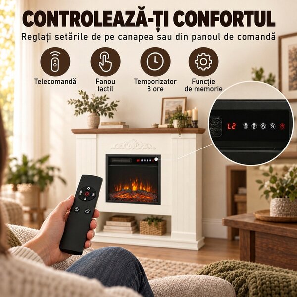 HOMCOM Șemineu Electric de Podea/Încastrabil pentru TV 54", cu Ramă și Poliță, 1800W, Flacără 3D Realistă, Funcție Memorie | Aosom Romania