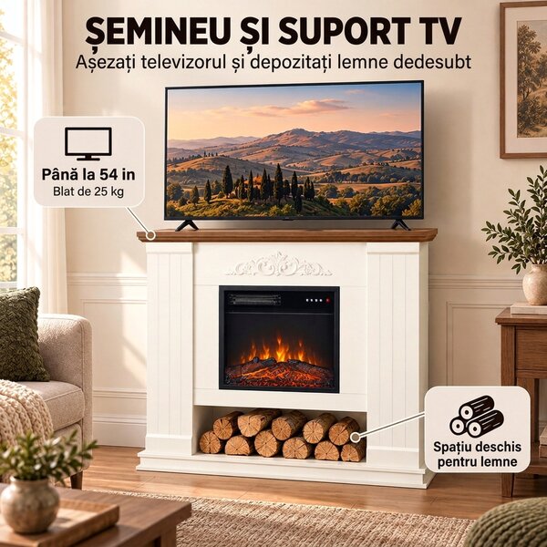 HOMCOM Șemineu Electric de Podea/Încastrabil pentru TV 54", cu Ramă și Poliță, 1800W, Flacără 3D Realistă, Funcție Memorie | Aosom Romania