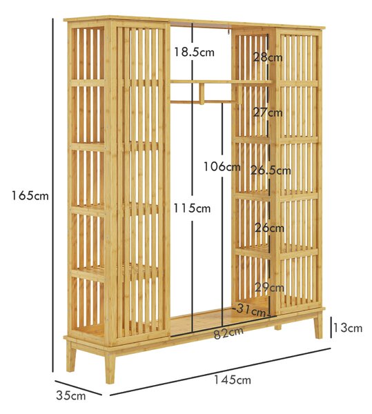 HOMCOM Dulap Deschis din Bambus cu 2 Uși Glisante, Garderobă cu Rafturi și Bară de Haine, 145x35x165 cm, Lemn Natural | Aosom Romania