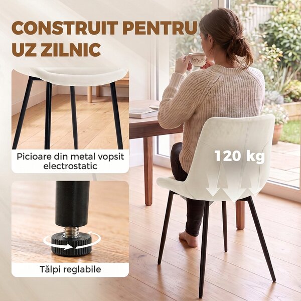 HOMCOM Set 2 Scaune de Dining din Catifea pentru Bucătărie, Alb Crem | Aosom Romania