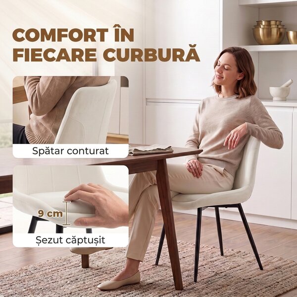 HOMCOM Set 2 Scaune de Dining din Catifea pentru Bucătărie, Alb Crem | Aosom Romania