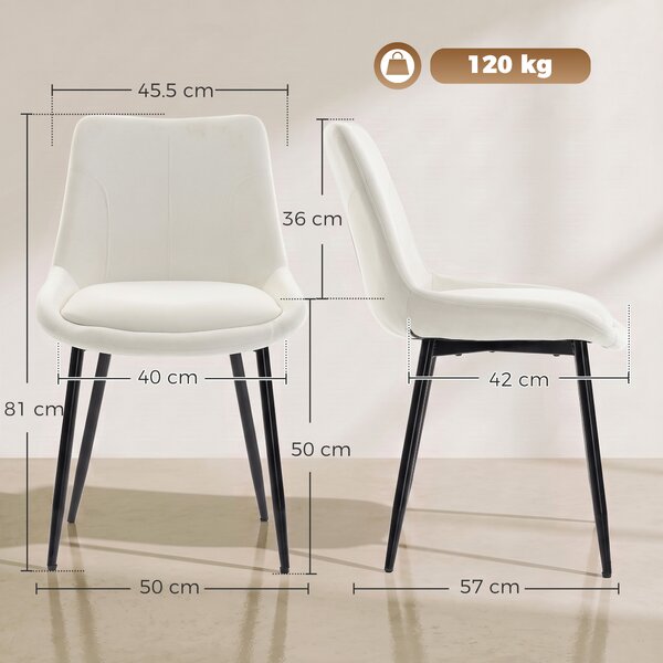 HOMCOM Set 2 Scaune de Dining din Catifea pentru Bucătărie, Alb Crem | Aosom Romania