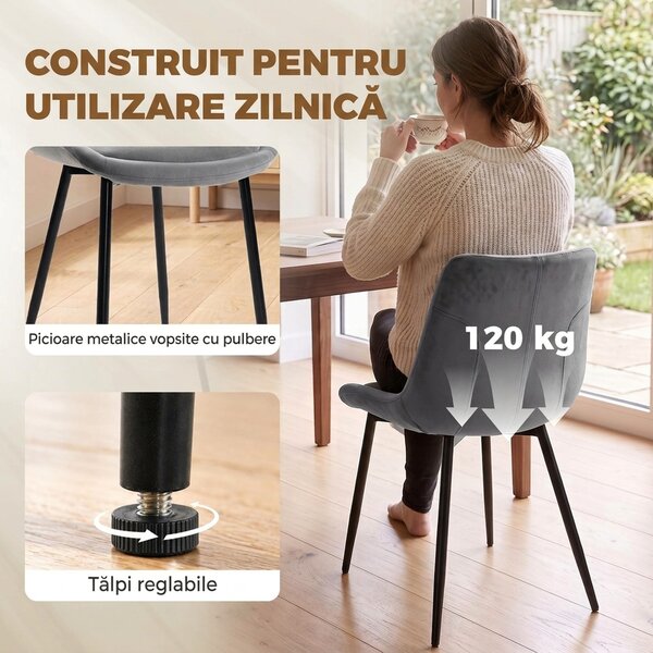 HOMCOM Set 2 Scaune de Dining din Catifea pentru Bucătărie, Gri Închis | Aosom Romania