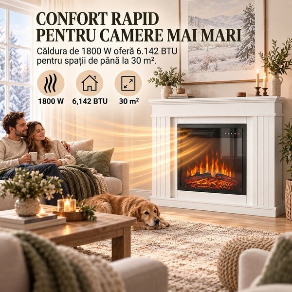 HOMCOM Șemineu Electric de Pardoseală/Încastrat cu Ramă pentru TV 38", 1800W, Efect de Flacără 3D, Funcție Memorie, Alb | Aosom Romania