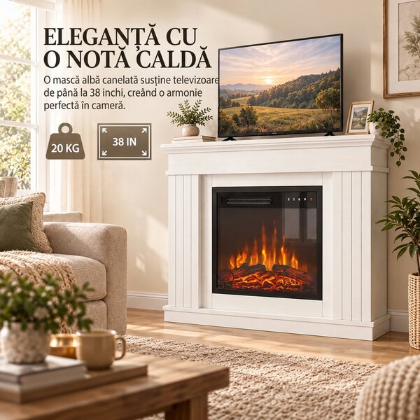 HOMCOM Șemineu Electric de Pardoseală/Încastrat cu Ramă pentru TV 38", 1800W, Efect de Flacără 3D, Funcție Memorie, Alb | Aosom Romania