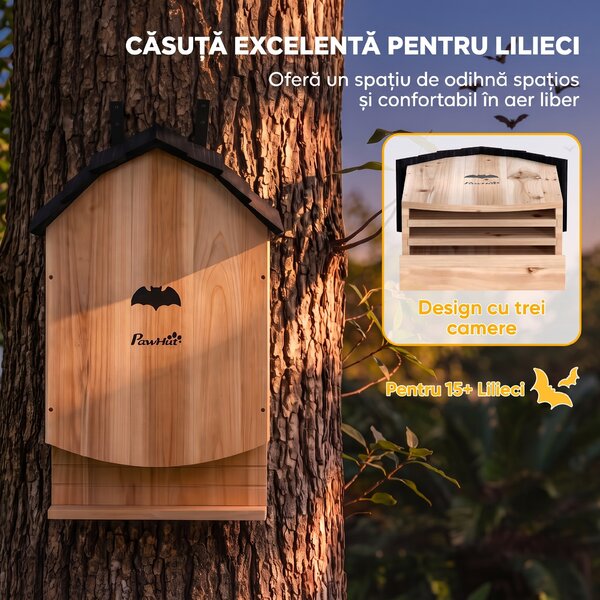 PawHut Căsuță pentru lilieci din lemn de brad, 3 camere, cu cârlig posterior, pentru peste 15 lilieci, natur | Aosom Romania